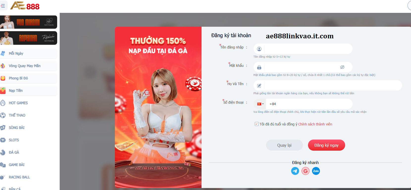 Các bước đăng ký đăng nhập AE888